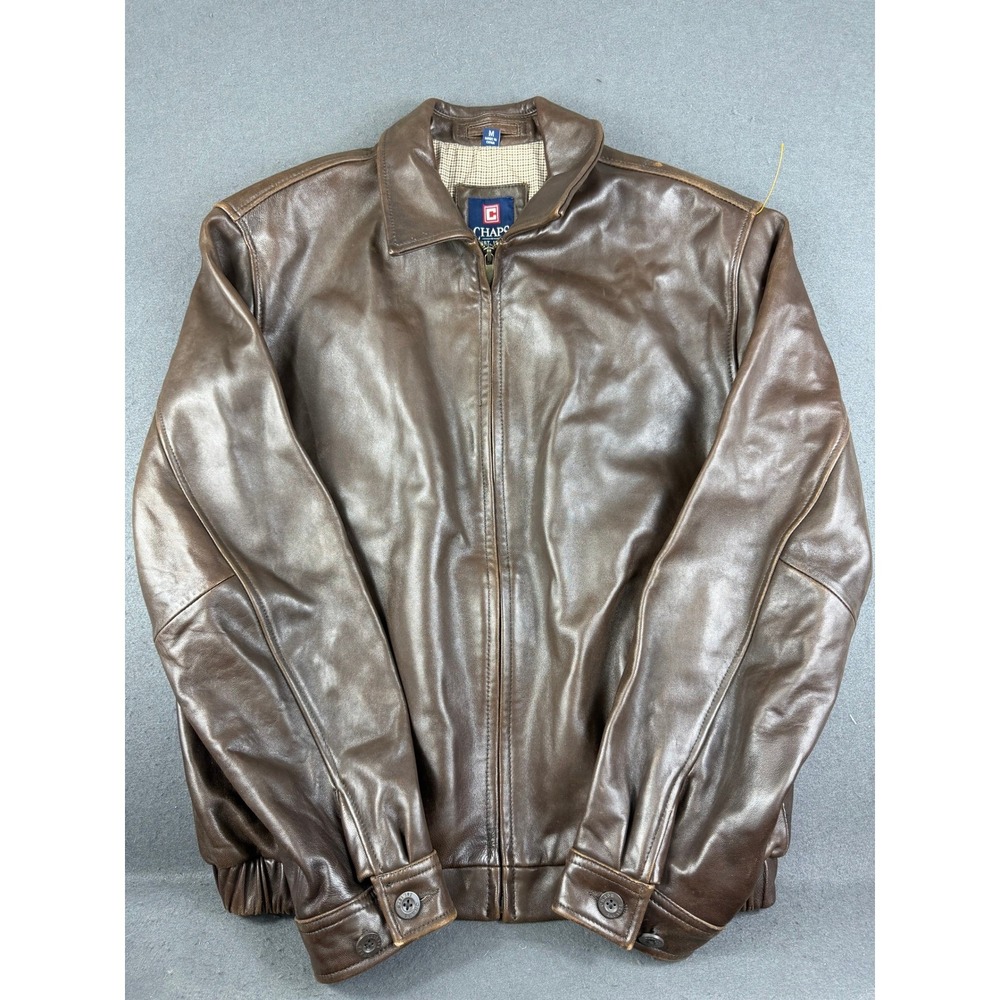 Vintage Chaps Mens Brown Leather Bomber Jacket Full Zip Classic Collared M